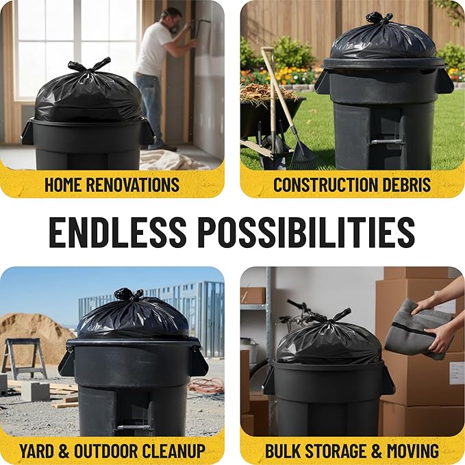 MAAXForce 55 Gallon Contractor Trash Bags with Flap Ties | 2 Mil Heavy-Duty Black Garbage Bags | Leak-Proof &amp Puncture-Resistant | Made in USA | 36 x 56 Large Construction &amp Yard Bags (40-Co
