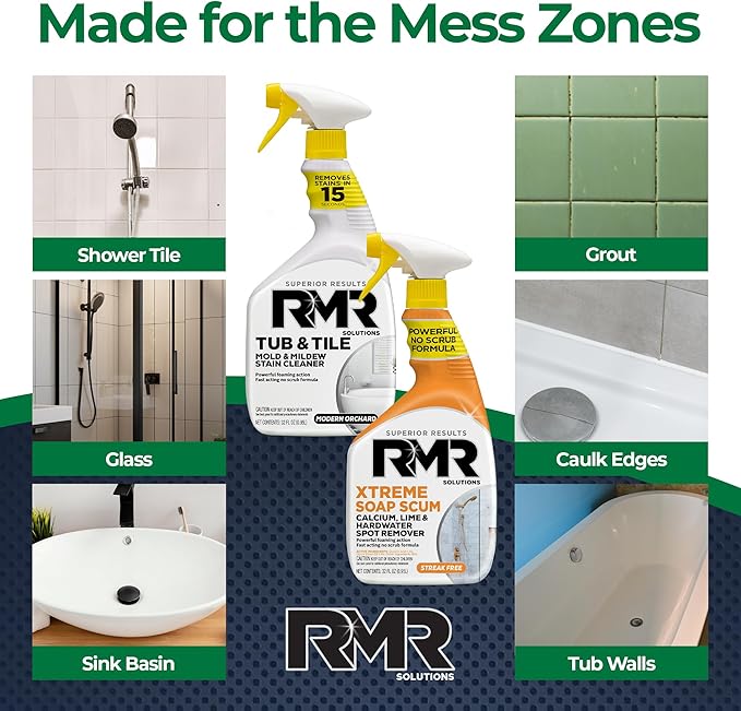 RMR Bathroom Breakthrough Bundle – Tub &amp Tile Cleaner + Xtreme Soap Scum Remover 2-Step Deep Clean System for Shower Tub Tile Grout &amp Glass Buildup Stains &amp Grime 2–32 Oz Bottles