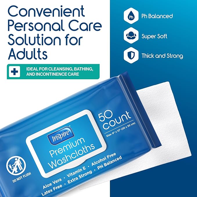 Inspire Adult Wet Wipes Wash Cloths | Adult Wipes for Incontinence &amp Cleansing for Elderly 8x12 (500CT (10 PACKS OF 50))