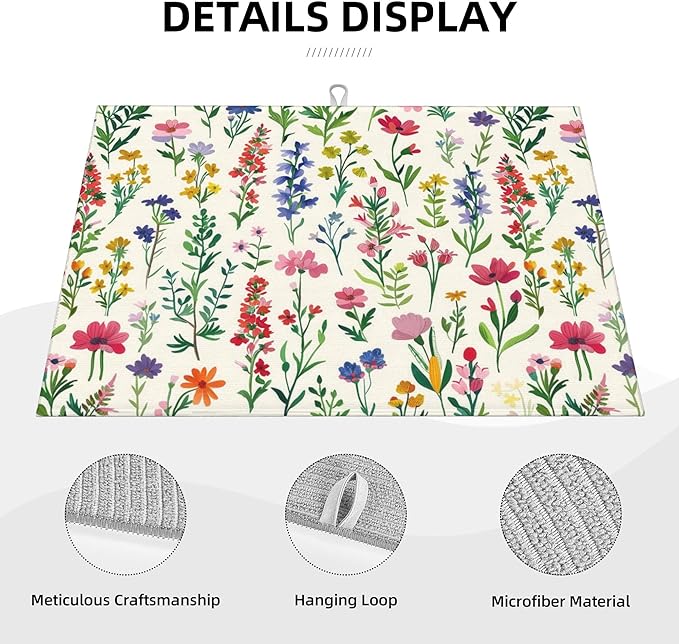 Watercolor Wildflower Dish Drying Mat for Kitchen Counter 18x24 Microfiber Absorbent Fast Dry Mat 2Pcs Dish Mat Faucet Mats Sets Large Drying Kitchen Mat Kitchen Drying Pad Coffee Bar Decor Gifts