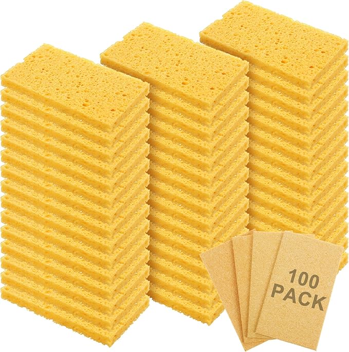 Zhengmy 100 Pieces Sponges Kitchen Compressed Sponges Bulk Natural Dish Sponge Compressed Wood Pulp Cleaning Sponge Without Scratching for Kitchen Bathroom 3.9 x 2.4 x 0.12 Inch (Yellow)