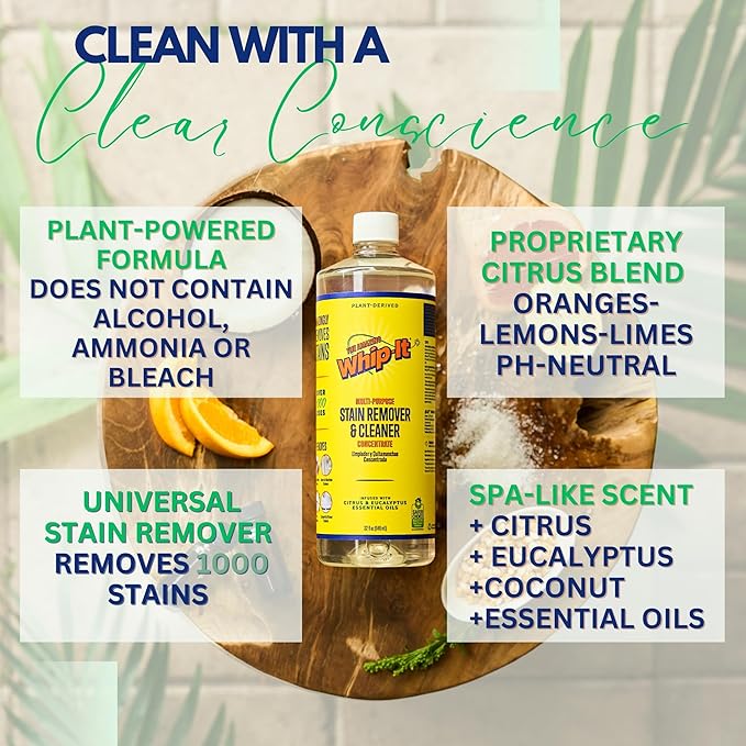 Whip It Cleaner Multi Purpose Stain Remover CONCENTRATE Makes 32 Bottles Plant Based Enzyme Cleaner Cleaning Food Grease Coffee Wine Baby Stains pet stains Over 500 uses Made in USA 32 OZ