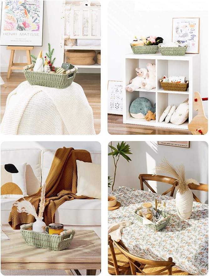 StorageWorks Round Paper Rope Woven Basket with Wooden Handles for Gifts Small Woven Baskets for Shelf Bosana Green 2-Pack
