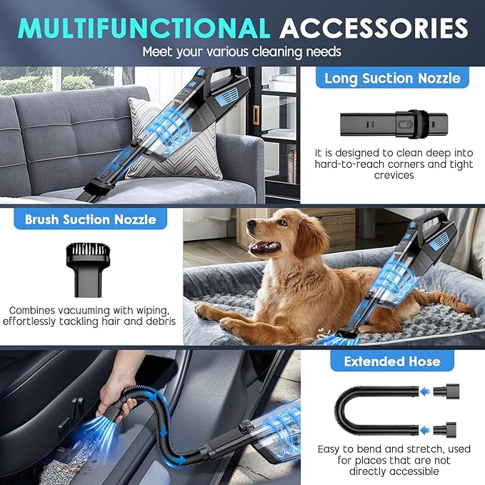 Handheld Vacuum Cordless 15000PA Strong Suction Hand Held Car Vacuum Cleaner Portable with Multi-Nozzles &amp Washable Filter Lightweight Dust Busters Rechargeable for Home Car Office Pets