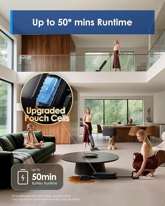 Tineco Wet Dry Vacuum Cleaner 22kPa Suction Floor Cleaner Mop 50 Min Runtime iLoop Smart Sensor DualBlock Anti-Tangle Design 185℉ Flashdry Dual-Edge Cleaning 180° Lay-Flat Floor One S7 Artist
