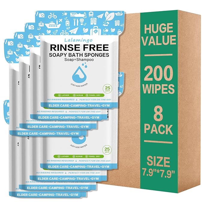 8 Pack Disposable Rinse Free Bath Sponges No Rinse Bathing Wipes for Adults Soap Infused Dry Shower Wipes for Elderly Bedridden Camping Post Surgery(200PCS)