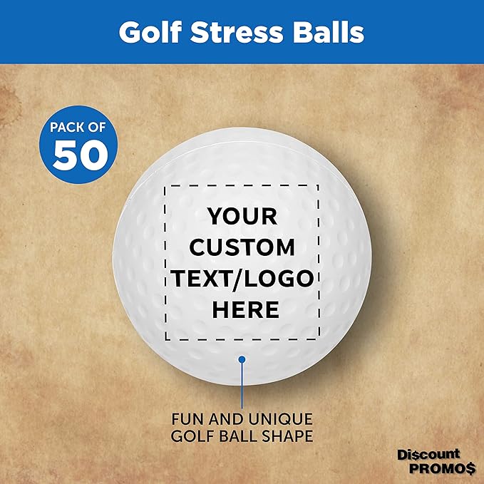 DISCOUNT PROMOS Custom Golf Shaped Squeeze Balls Set of 50 Personalized Bulk Pack - Perfect for Promotional Giveaways - White