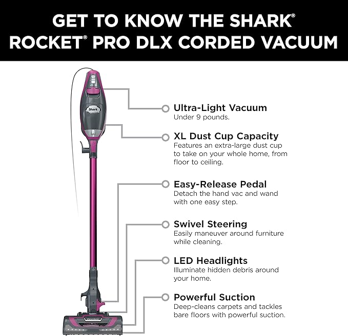 Shark HV371 Rocket Pro DLX Corded Stick Removable Hand Vacuum Advanced Swivel Steering XL Cup Crevice Tool Upholstery Tool &amp Anti-Allergen Dust Brush Fuchsia Capacity