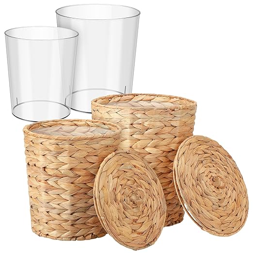 2 Pcs Wicker Trash Can with Lid and Liner 2.7 Gallon and 1.88 Gallon Wastebasket Garbage Can Boho Storage Basket for Bathroom Bedroom Home Office Kitchen