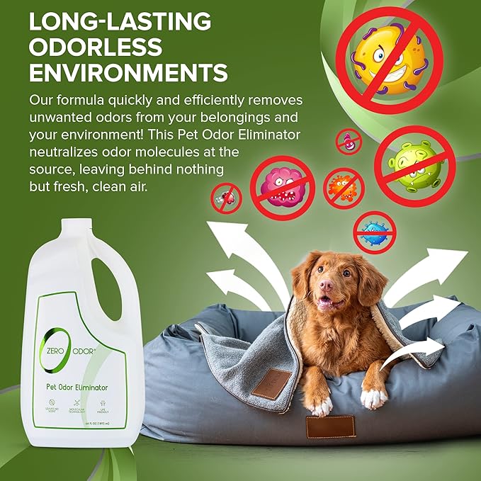 Zero Odor - Pet Odor Eliminator for strong odor Eliminate Air &amp Surface Odors – Patented Molecular Technology Best For Carpet Furniture Beds Smell Great Again 64oz Refill