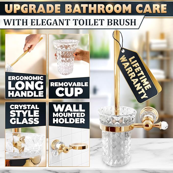 Gold Stainless Steel Toilet Brush with Crystal Toilet Brush Holder Set – Wall Mounted Holder Replaceable Head Decorative Space-Saving Design Bathroom Toilet Accessory Elegant Toilet Bowl Cleaner Set