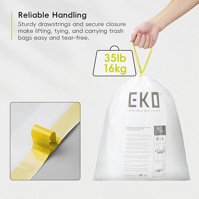 EKO 8 Gallon / 30.3 Liter100 Count Drawstring Trash Bags Extra-Strong Unscented Garbage Bags Easy-Dispense Roll for Kitchen &amp Household Use Resists Tears Leaks and Punctures Code F-1 White