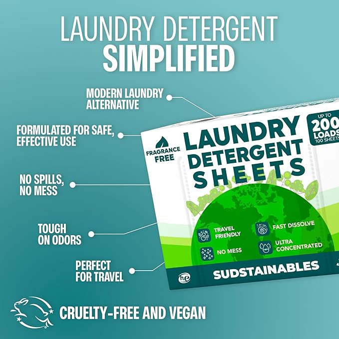 Sudstainables Laundry Detergent Sheets 200 Loads – Dissolvable Laundry Sheet for Washing Machines Compact Alternative to Liquid &amp Powder Detergent Travel-Friendly Soap | Fragrance Free