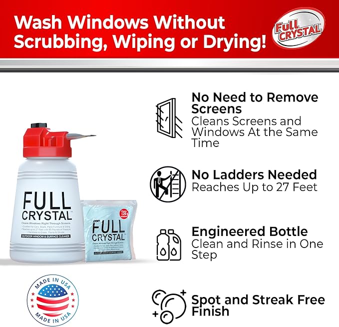 Full Crystal Window Cleaning Kit – 4 oz Glass Cleaner and Bottle with 27 ft Reach Makes Up to 640 fl oz Cleans Up to 20 Windows Scrub-Free Rinse-Free