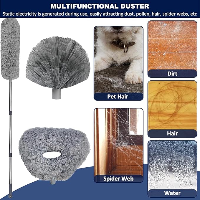 20+ Ft High Reach Ceiling Fan Duster &amp Cobweb &amp Corner Brush Duster with 3-14 ft Spliceable Pole Microfiber Feather Duster for Spider Web High Ceiling Blinds Furniture Cleaning Tool Kit