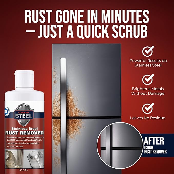Stainless Steel Rust Stain Remover &amp Cleaner Soft Cleanser Safe for Food Areas Non-Toxic for Appliances Perfect for Commercial Equipment Refrigerator Cybertruck and more (8.5 oz)