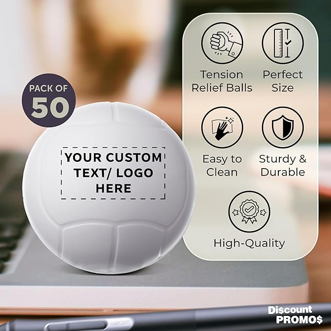DISCOUNT PROMOS Custom Volley Ball Shaped Squeeze Balls Set of 50 Personalized Bulk Pack - Perfect for Promotional Giveaways - White