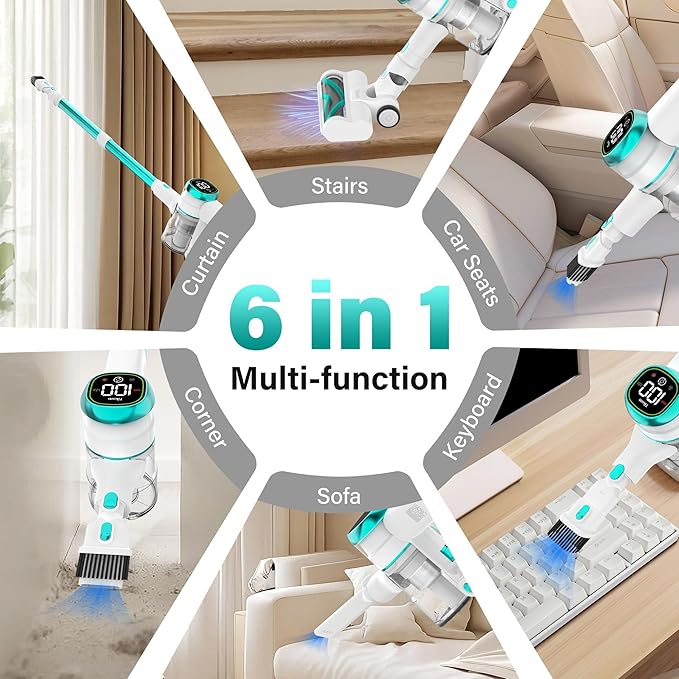 Tikom V500 Cordless Vacuum Cleaner for Home 40000Pa/450W Stick Vacuum with LED Touch Screen Charging Wall Dock Anti-Tangle Lightweight Handheld Vacuum for Pet Hair Hard Floor Carpet Blue