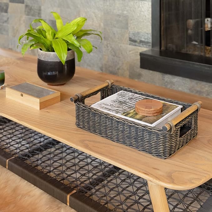 The Basket Lady Low Pole Handle Wicker Storage Basket Large 19.5 in L x 12.5 in W x 6 in H Sandstone