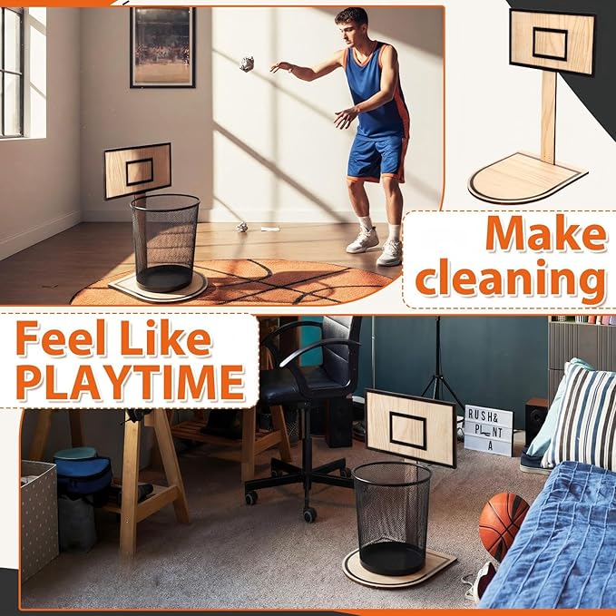 Patelai 2 Pcs Basketball Trash Can Basketball Hoop Trash Can Hoop Bin Waste Basket Game 18x8in Oak-Style Mesh Backboard with Fun Shooting Design Durable Garbage Bin for Home Office Boys Gift