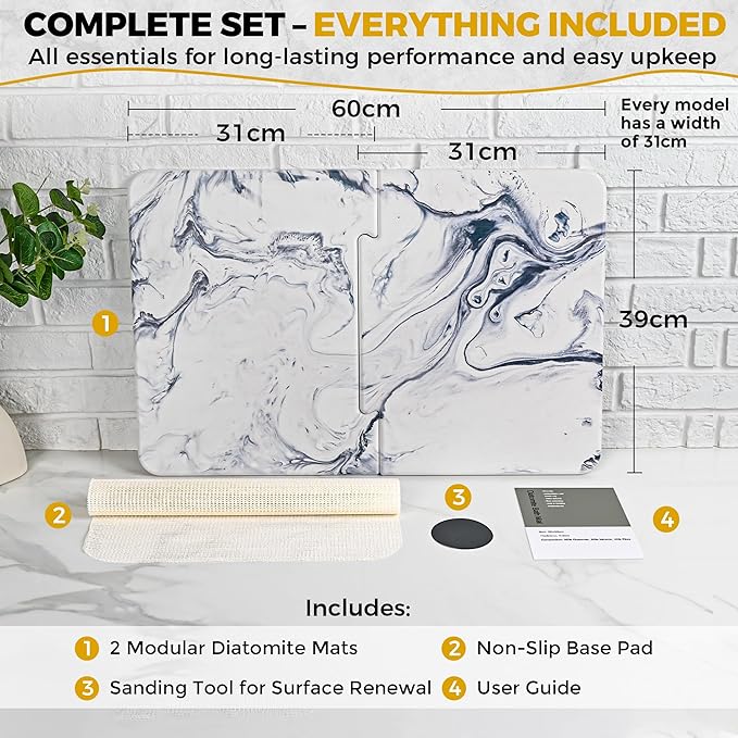 Stone Dish Drying Mat for Kitchen Counter Large 24 x 16 Quick Drying Diatomaceous Earth 2-Panel Countertop Mat Heat-Resistant Kitchen Stone Drying Mat