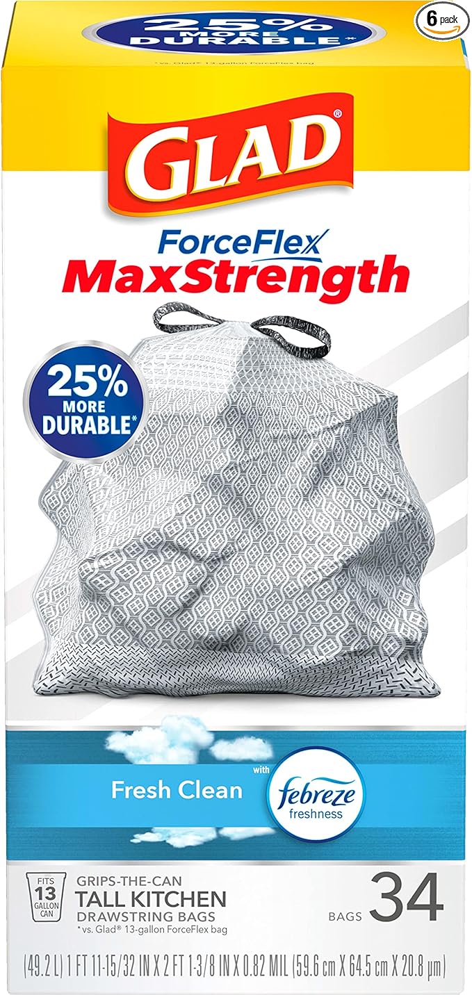 Glad ForceFlex MaxStrength Tall Kitchen Drawstring Trash Bags 13 Gallon Fresh Clean Scent with Febreze Freshness 34 Count