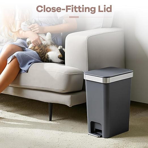 Small Bathroom Trash Can with Lid Soft Close 10 Liter/2.6 Gallon Slim Garbage Can-Metal Step and Press top Lid Mini Modern Waste Basket for Toilet Office BedroomDormDark Gray