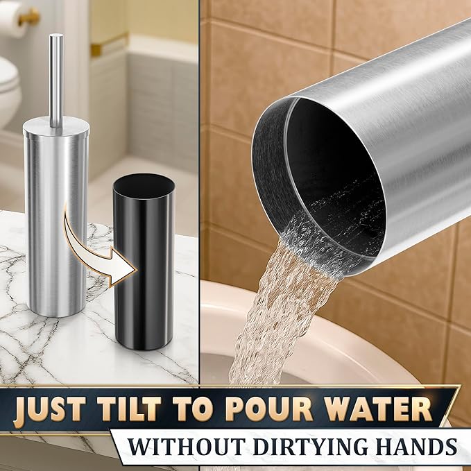 Stylish Stainless Steel Toilet Brush and Holder Set - Silver Toilet Bowl Brush and Holder with Splash Cover Sturdy Bristles Corrosion &amp Scratch Resistant - Elegant Design Effective Deep Cleanin