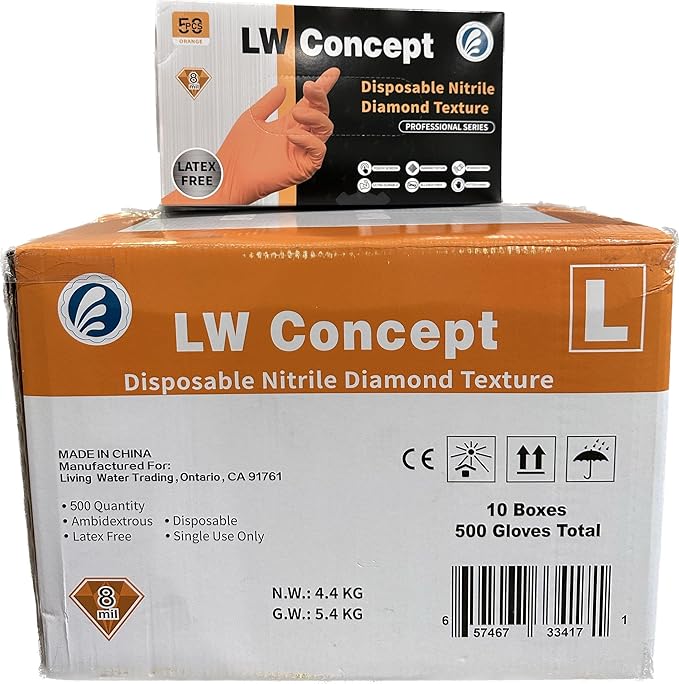 LW Concept Orange Nitrile Disposable Gloves 8 Mil Latex and Powder Free Industrial Food Safe Raised Diamond Texture Large Case of 500