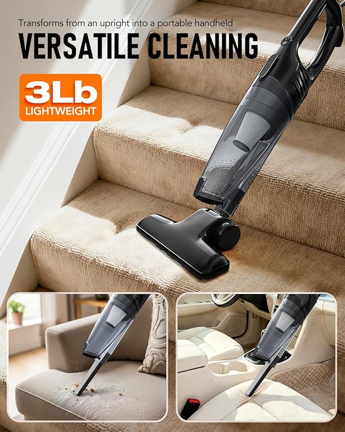 Corded Stick Vacuum Cleaner 15000Pa Powerful Suction Lightweight 3 lbs Corded Vacuum for Pet Hair &amp Hard Floors Long 16.7ft Cord 1L Dust Cup &amp Crevice Tool Included (Black)