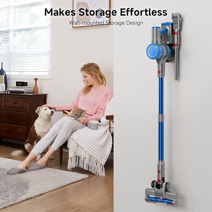 Cordless Vacuum Cleaner Powerful Stick Vacuum Cleaner for Home with Rechargeable Battery 6-in-1 Lightweight Handheld Vacuum 45 Mins Runtime for Hardfloor &amp Carpets Pet Hair (Blue)