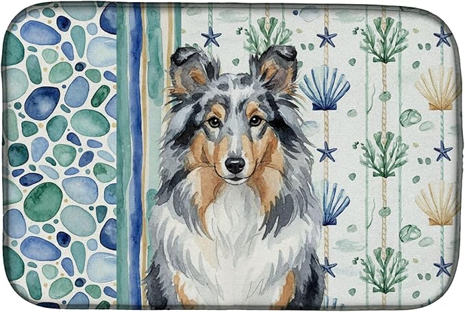 Caroline's Treasures Blue Merle Sheltie Coastal Sea Glass Dish Drying Mat Absorbent Dish Drying Mat Pad for Kitchen Counter Dish Drainer Mat for Countertop 14 x 21 Multicolor
