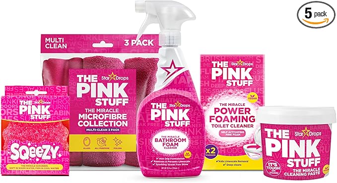 Stardrops - The Pink Stuff Bathroom Cleaning Kit – Cleaning Paste Bathroom Foam Spray Toilet Foaming Powder SQeeZY Sponge &amp 3 Microfiber Cloths – Tough on Stains Grease &amp Soap Scum