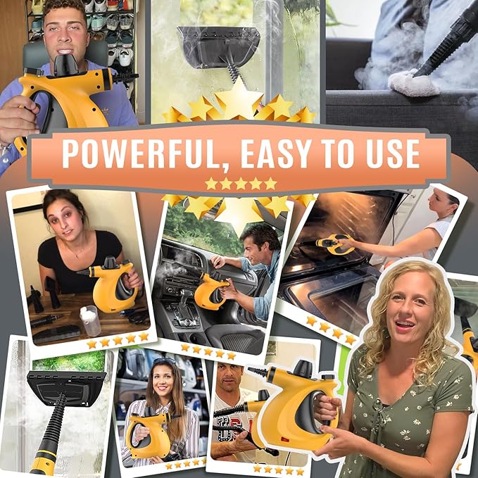 Pressurized Handheld Multi-Surface Natural Steam Cleaner with 12 pcs Accessories Multi-Purpose Steamer for Home Use Steamer for Cleaning Floor Upholstery Grout and Car (Orange)