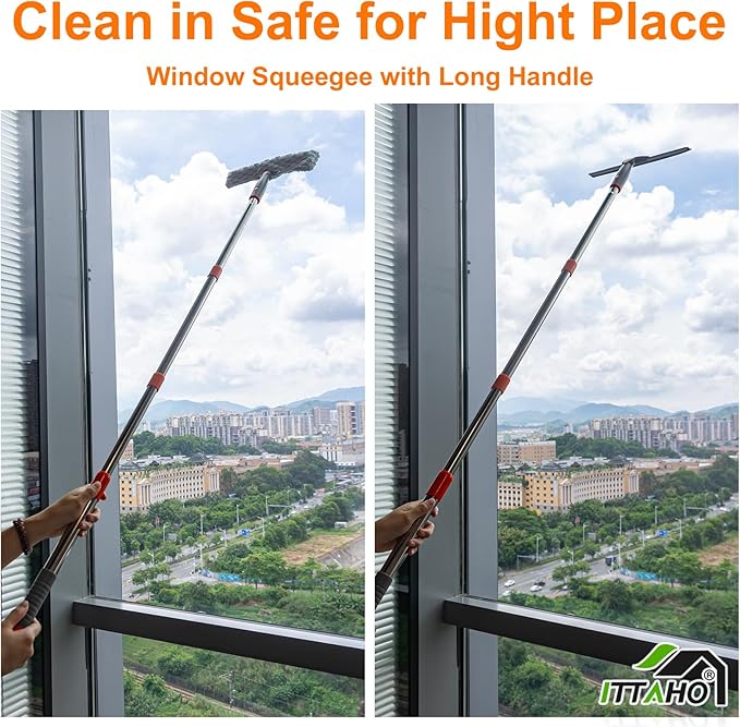 ITTAHO Squeegee for Window Cleaning12 Squeegee and 11 Microfiber Scrubber Combi with Stainless Steel PoleExtendable Window Cleaner for CarSliding DoorShower Glass Door-Swivel Style-2 Pads