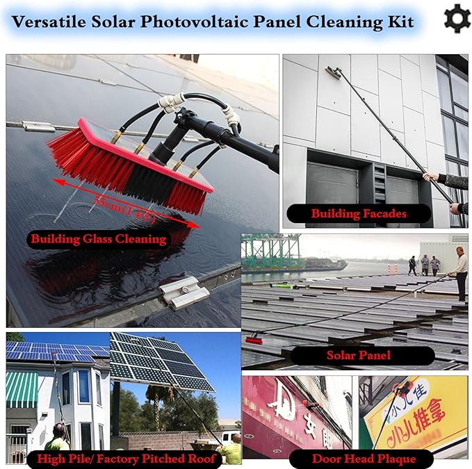 High Window Cleaning Brush with Telescoping Rod Water Fed Pole Solar Panel Cleaner System for House Siding/Trucks Glass 180° Rotatable Head 17.7ft Reach