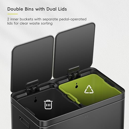 EKO Edison 8+8 Gallon Dual Trash Can for Recycling and Trash Stainless Steel Kitchen Step Can with Dual Removable Inner Bucket Independent Lids and Pedals Black