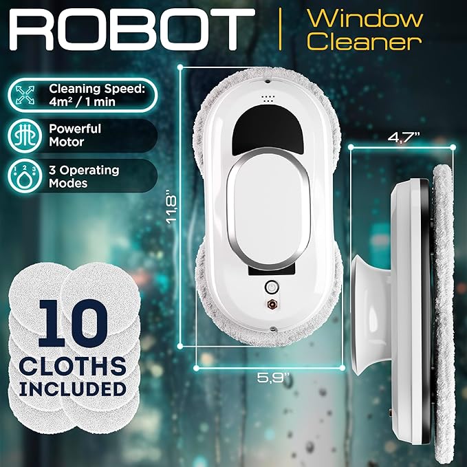 White Automatic Window Cleaner Robot W100 11.8 x 5.9 x 4.7 Inch with 3 Modes and 10 Cloth Pads. Window Vacuum Cleaner for Windows Without Water Spray. Automatic Glass Cleaner Vacuum 72dB
