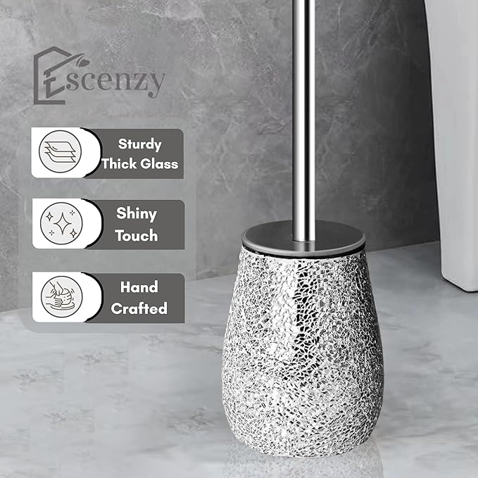 Escenzy Modern Toilet Brush and Holder Set Mosaic Glass | Non-Rustic Stainless Steel | Practical &amp Decorative Toilet Bowl Brush and Holder | Luxury Silver Glitter Bathroom Accessories