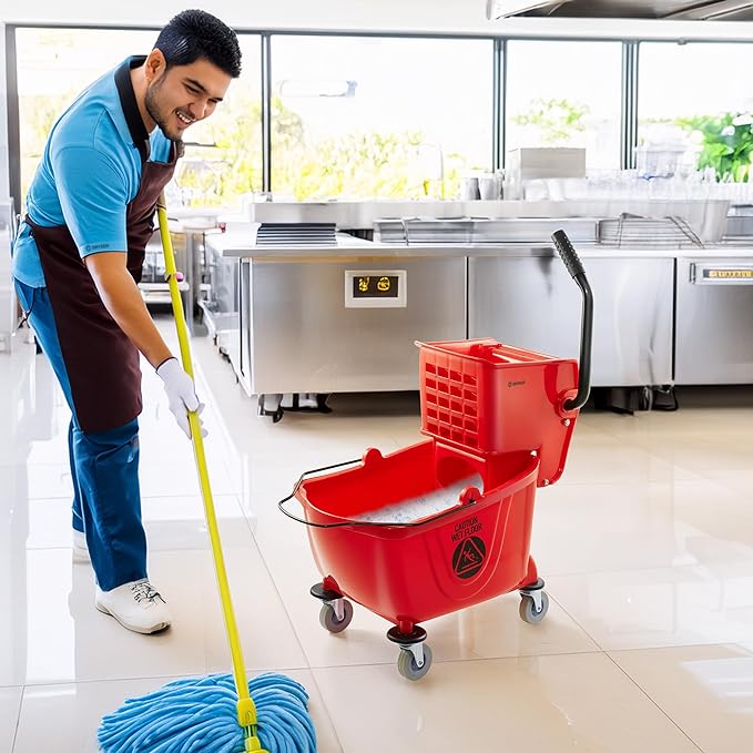 Dryser Commercial Mop Bucket with Side Press Wringer 26 Quart Red