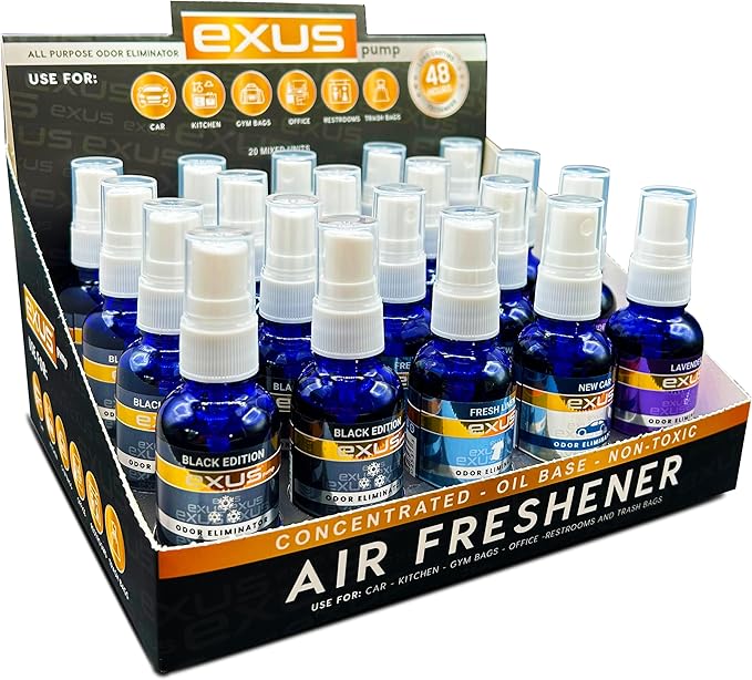 Exus Pump Spray Concentrated Oil Based Odor Eliminator &amp Air Freshener Use for house car bathrooms Kitchen office. Strong Air freshener Display Mix (20 Count)