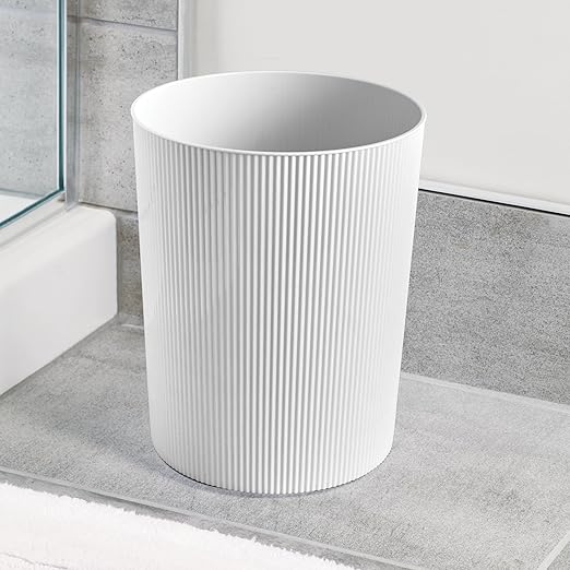 iDesign Small Round Plastic Bathroom Trash Can - Fluted Trash Can for Bathroom Bedroom or Office - White