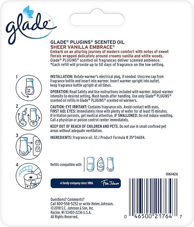 Glade Plugins Refills Sheer Vanilla Embrace 1.34 FL OZ 2 CT