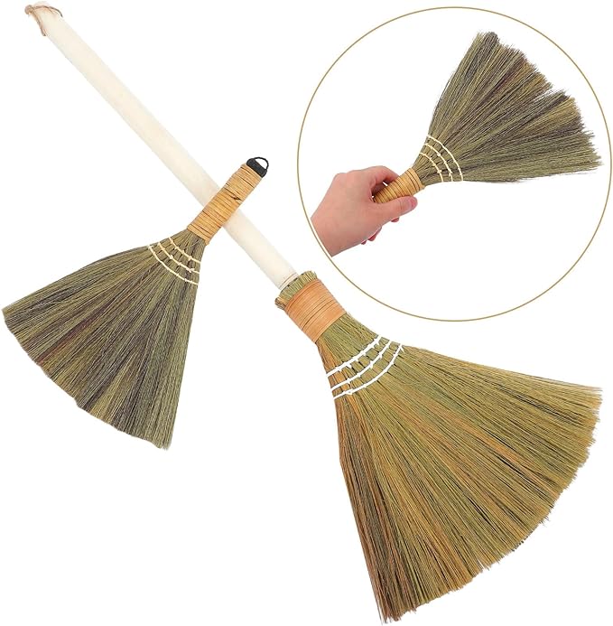 2pcs Handmade Grass Broom Soft Bristle Household Broom with Removable Handle 74cm Lightweight Straw Sweeping Tool for Indoor Dust Cleaning