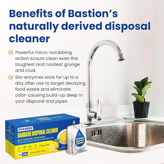 Bastion Garbage Disposal Cleaner and Deodorizer - 24-Count (1-Year Supply) Foaming Lemon Scented Kitchen Sink Freshener Pods &amp Drain Odor Eliminator Disposer Care