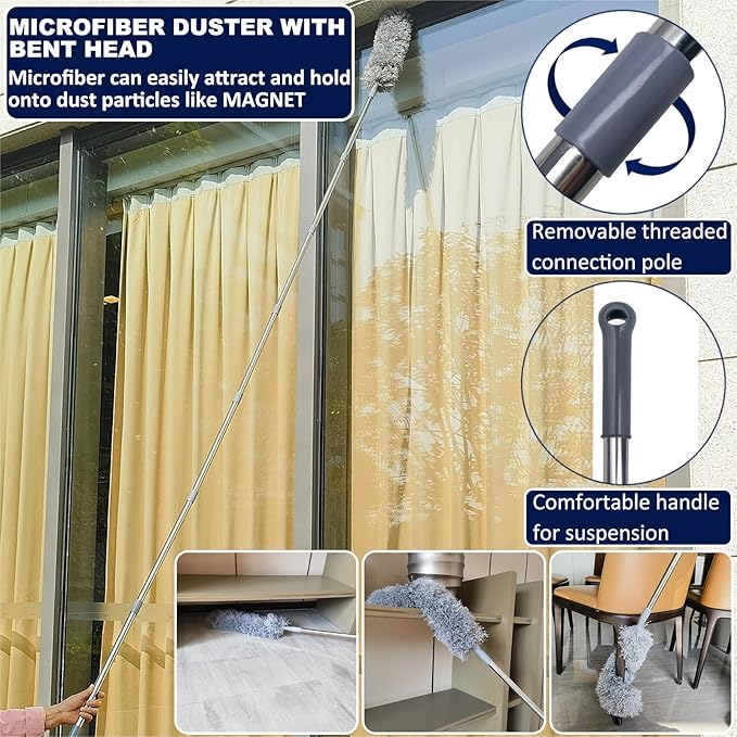 20+ Feet High Reach Duster Kit with 3-14 ft Extension Pole for Cleaning Fan Spider Web High Ceiling Blinds Furniture Cars - Cobweb Microfiber Duster // Outdoor &amp Indoor Extendable Duster