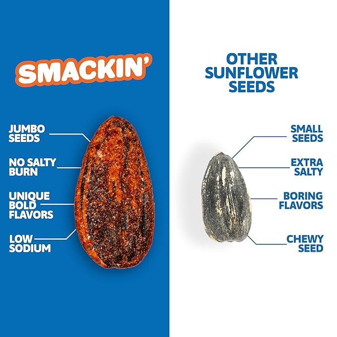 SMACKIN' - Jumbo Roasted Sunflower Seeds No Salty Burn American Made Easy Pour &amp Seal - Backyard BBQ 4oz bag (12 Bags)