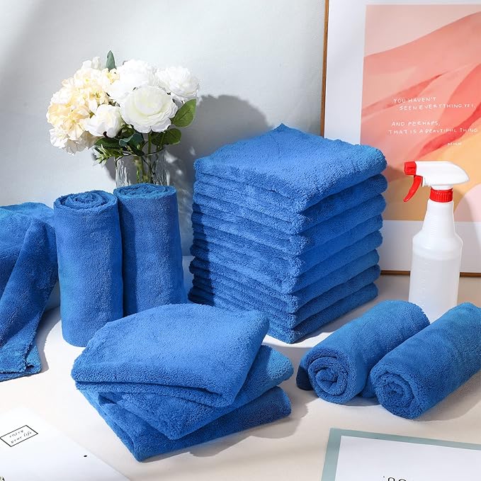 Shimeyao 40 Pcs 16 x 16 Inch Edgeless Microfiber Plush Towels for Cars Detailing Drying Wash Polishing Absorbent Cleaning Cloths 500 GSM(Blue)
