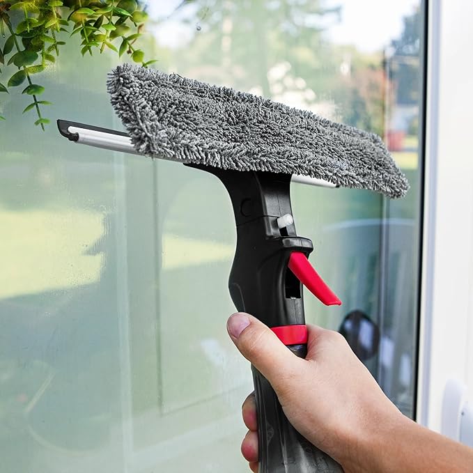 Libman 3-in-1 Window Squeegee Spray Tool – Spray Bottle with Microfiber Scrubber and Rubber Blade – All-in-One Glass Cleaner – Streak-Free Shine – Machine-Washable – Easy Storage &amp Use