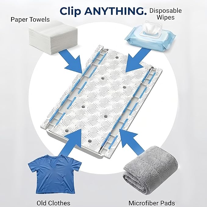Snap Grip Mini Mop - 52.4 x 6.3 Stainless Steel Sweeper with Cleaning Scraper Hands-Free Cloth Changing Tool for Wall and Window 11-Pc Kit with 10 Disposable Wipes